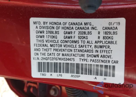 2019 Honda Civic Lx z USA, uszkodzony, nr VIN 2HGFC2F67KH534475